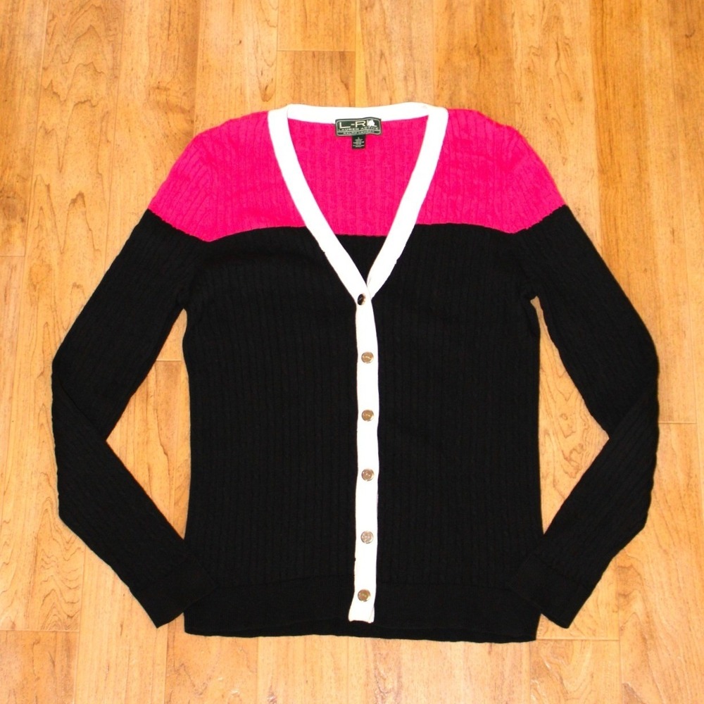 Lauren Ralph Lauren Cardigan Women L Pink‎ Black Excellent Colorblock Cable Knit